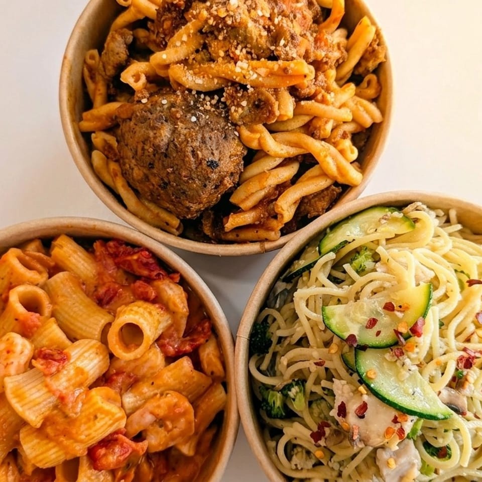 Three bowls of pasta: rigatoni with red sauce, spaghetti with zucchini, and cavatappi with meatballs.