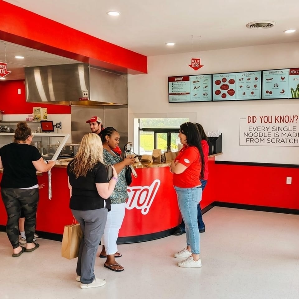 Customers order food at the counter of a modern restaurant with red and white decor.