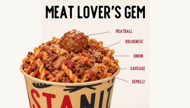 Meat Lovers: Gemelli, meatball, sausage, onions, bolognese sauce.
