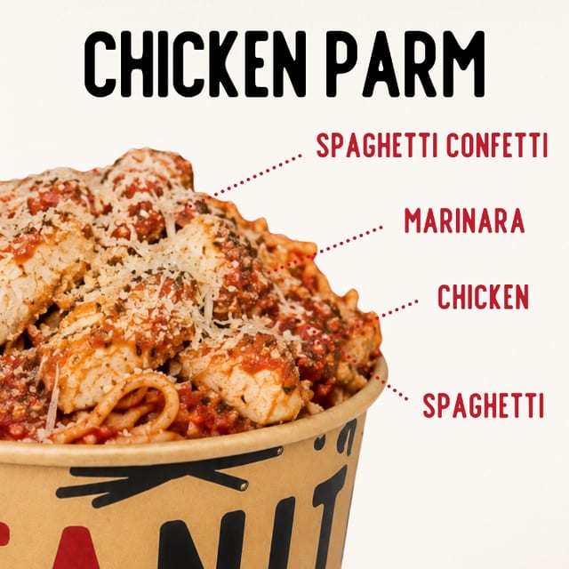 Chicken Parm: spaghetti, marinara, chicken, spaghetti confetti (.