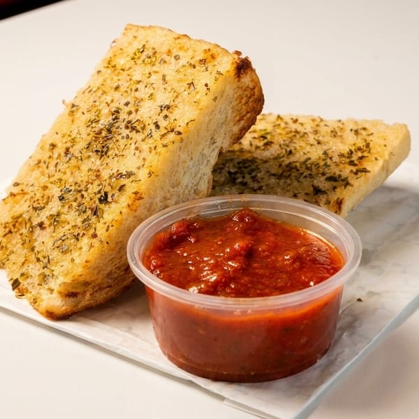 Two pieces of toasted garlic bread with herbs, served with a side of red marinara sauce.