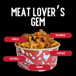 Meat Lovers: Gemelli, meatball,sausage, onions, bolognese sauce